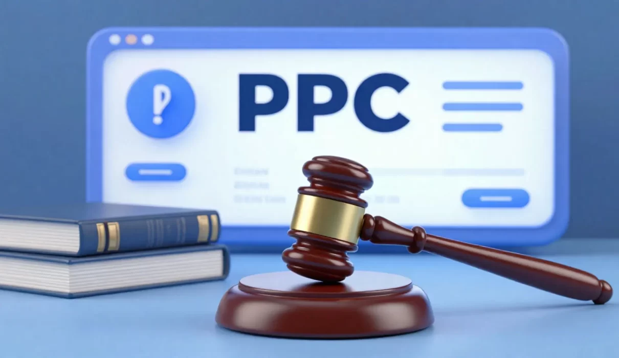 Wooden judge gavel resting on block with books and a PPC webpage in the background.