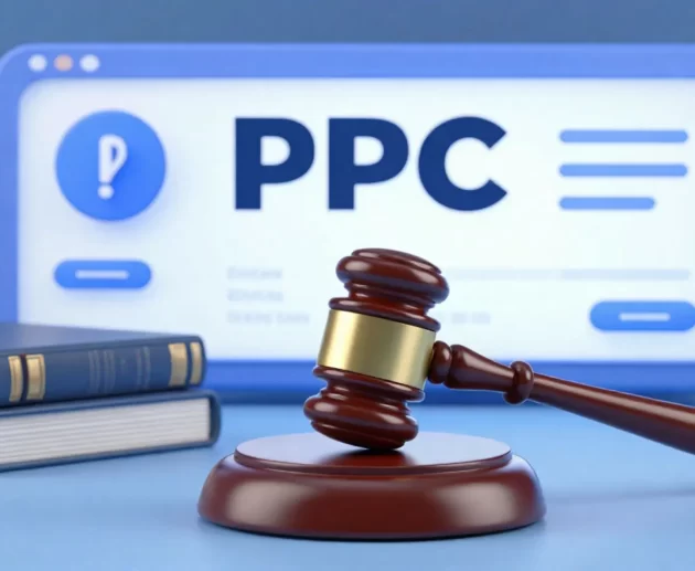 Wooden judge gavel resting on block with books and a PPC webpage in the background.