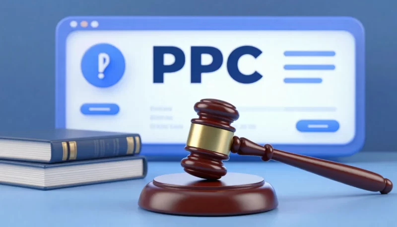Wooden judge gavel resting on block with books and a PPC webpage in the background.