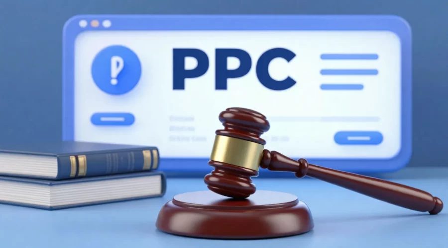 Wooden judge gavel resting on block with books and a PPC webpage in the background.