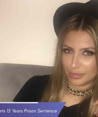 A medium close-up photo of Jasveen Sangha, featuring long blonde hair, a black hat, and a gold necklace, with a news overlay regarding her 15-year prison sentence
