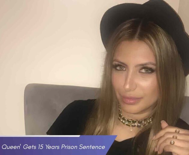 A medium close-up photo of Jasveen Sangha, featuring long blonde hair, a black hat, and a gold necklace, with a news overlay regarding her 15-year prison sentence