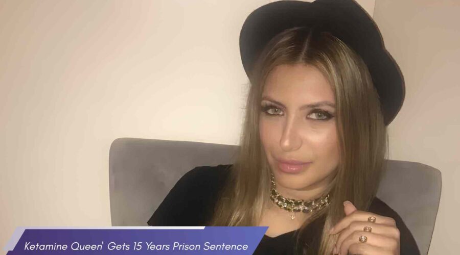 A medium close-up photo of Jasveen Sangha, featuring long blonde hair, a black hat, and a gold necklace, with a news overlay regarding her 15-year prison sentence
