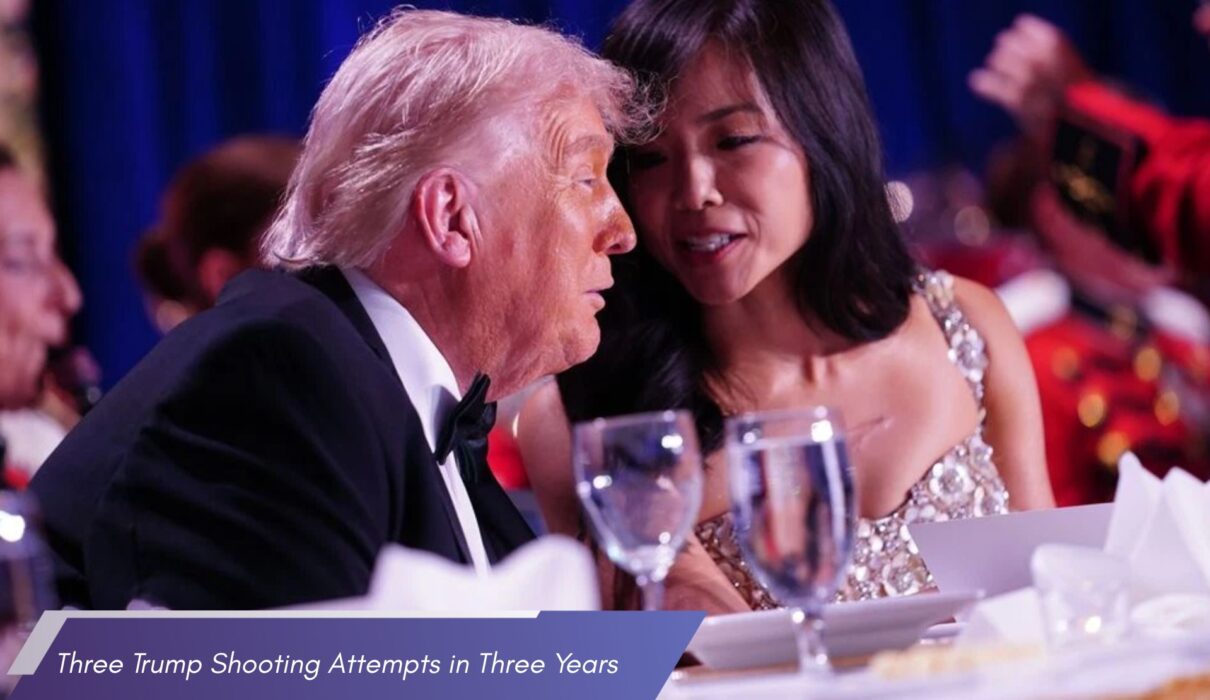 Donald Trump and a woman in a gold sequined dress are seated at a formal dinner table, leaning in as if sharing a conversation. A blue banner at the bottom left reads "Three Trump Shooting Attempts in Three Years.