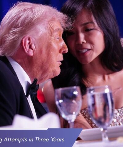 Donald Trump and a woman in a gold sequined dress are seated at a formal dinner table, leaning in as if sharing a conversation. A blue banner at the bottom left reads "Three Trump Shooting Attempts in Three Years.