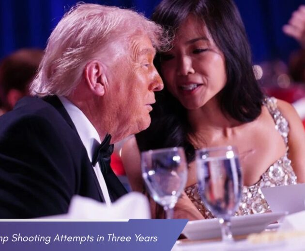 Donald Trump and a woman in a gold sequined dress are seated at a formal dinner table, leaning in as if sharing a conversation. A blue banner at the bottom left reads "Three Trump Shooting Attempts in Three Years.