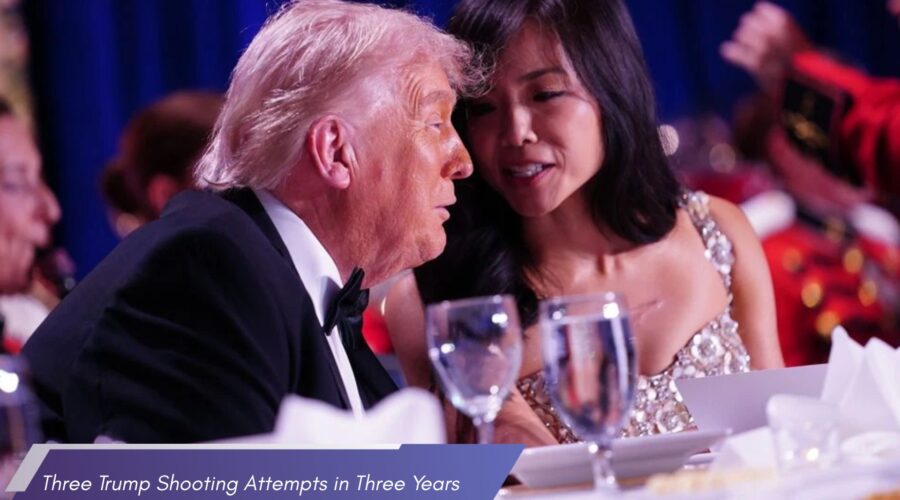 Donald Trump and a woman in a gold sequined dress are seated at a formal dinner table, leaning in as if sharing a conversation. A blue banner at the bottom left reads "Three Trump Shooting Attempts in Three Years.