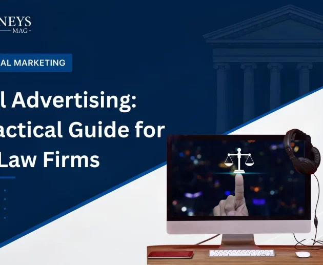 Graphic titled "Legal Advertising: A Practical Guide for U.S. Law Firms" by Attorneys Mag, featuring a computer monitor displaying a hand pointing to a digital scales of justice icon on a wooden desk.
