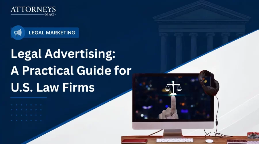 Graphic titled "Legal Advertising: A Practical Guide for U.S. Law Firms" by Attorneys Mag, featuring a computer monitor displaying a hand pointing to a digital scales of justice icon on a wooden desk.