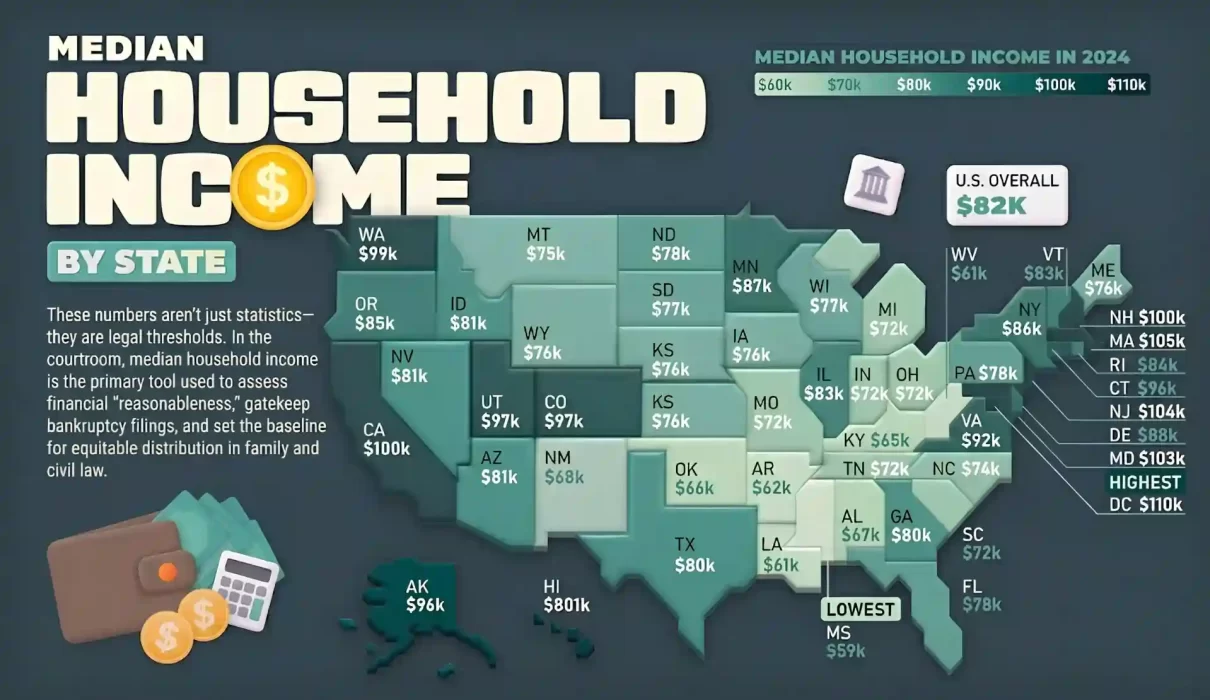 A detailed US map infographic with states labeled by their abbreviation and median household income for 2024. The map displays regional income variations, with statistics including the overall US median ($82K), the highest jurisdiction (D.C. $110K), and the lowest state (Mississippi $59K). The graphic includes a title, explanatory text regarding legal applications, a data legend, and icons representing finance and law.