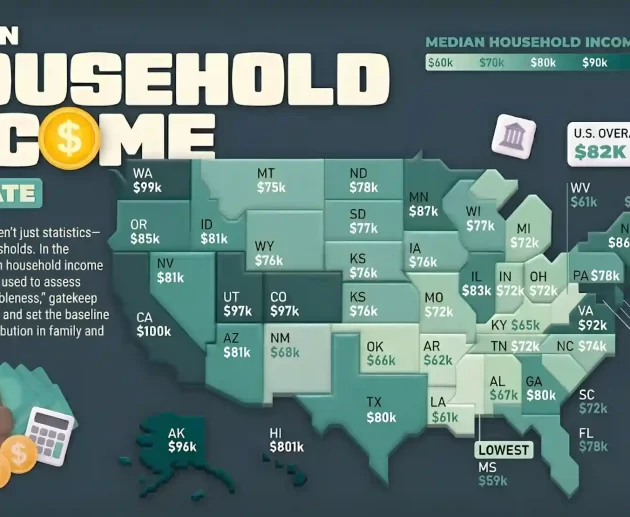 A detailed US map infographic with states labeled by their abbreviation and median household income for 2024. The map displays regional income variations, with statistics including the overall US median ($82K), the highest jurisdiction (D.C. $110K), and the lowest state (Mississippi $59K). The graphic includes a title, explanatory text regarding legal applications, a data legend, and icons representing finance and law.