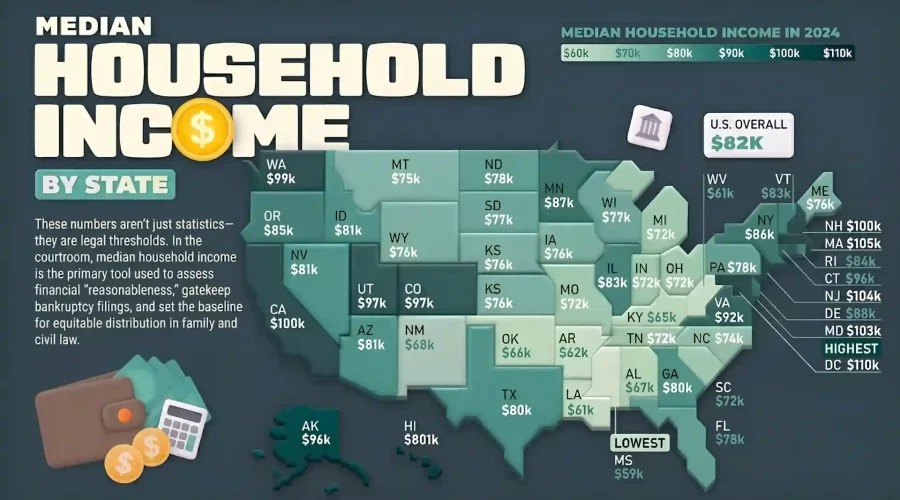 A detailed US map infographic with states labeled by their abbreviation and median household income for 2024. The map displays regional income variations, with statistics including the overall US median ($82K), the highest jurisdiction (D.C. $110K), and the lowest state (Mississippi $59K). The graphic includes a title, explanatory text regarding legal applications, a data legend, and icons representing finance and law.
