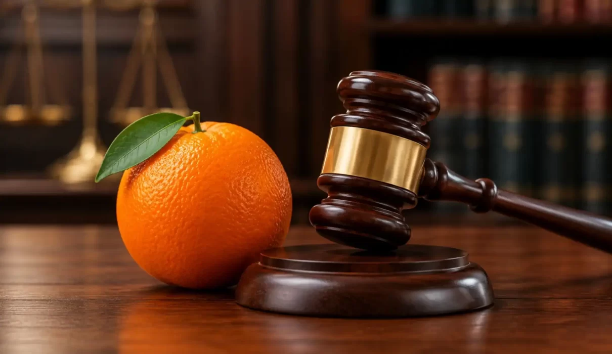 A realistic orange placed beside a polished wooden judge’s gavel on a courtroom desk, symbolizing the intersection of law, justice, and everyday objects.