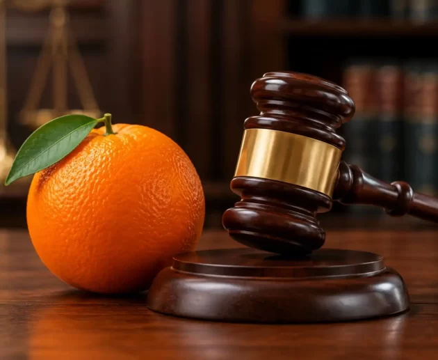 A realistic orange placed beside a polished wooden judge’s gavel on a courtroom desk, symbolizing the intersection of law, justice, and everyday objects.