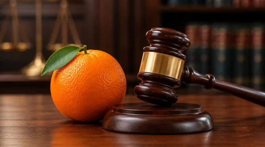 A realistic orange placed beside a polished wooden judge’s gavel on a courtroom desk, symbolizing the intersection of law, justice, and everyday objects.
