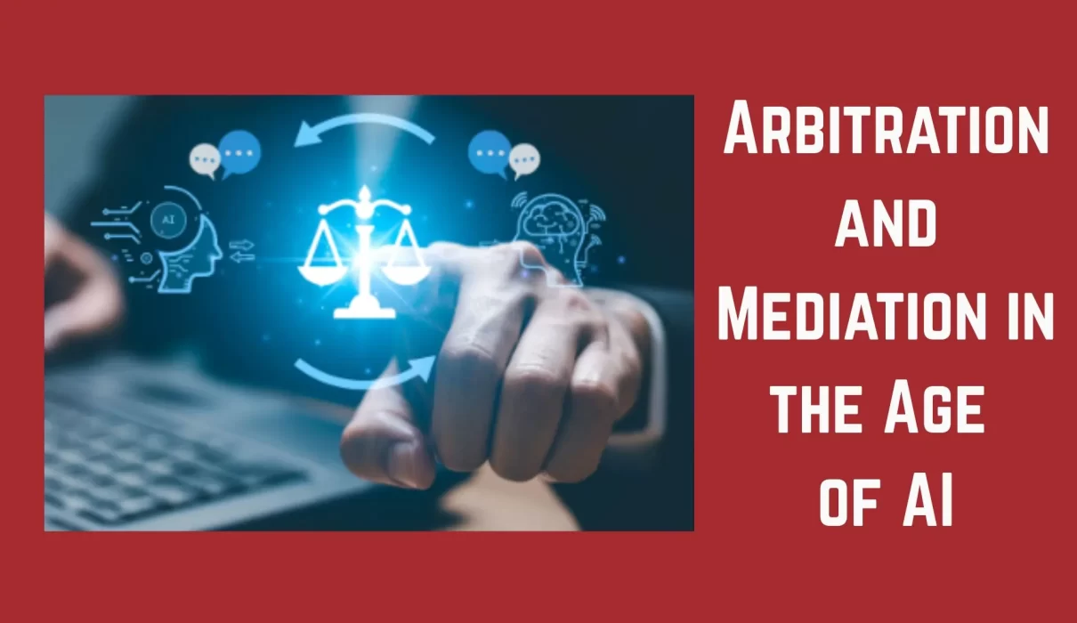 Digital illustration showing AI-assisted dispute resolution with a justice scale between two AI profiles, symbolizing arbitration and mediation in the age of artificial intelligence.