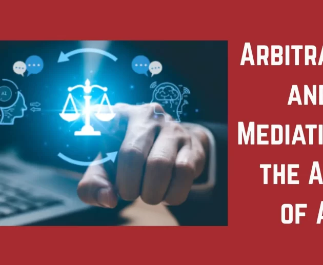 Digital illustration showing AI-assisted dispute resolution with a justice scale between two AI profiles, symbolizing arbitration and mediation in the age of artificial intelligence.