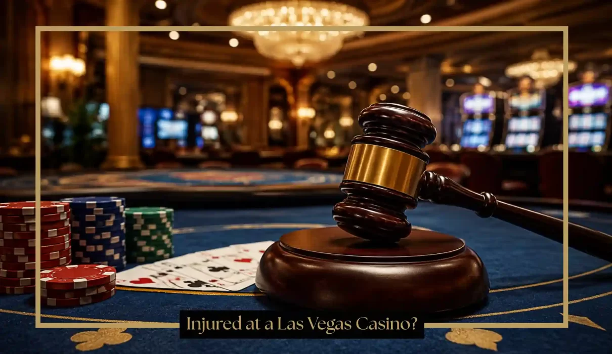 Wooden legal gavel on a casino table with poker chips and playing cards inside a luxury Las Vegas casino, representing casino accident and injury claims.