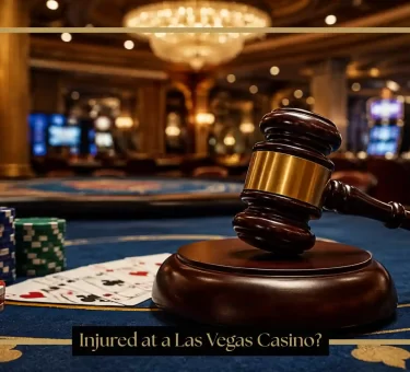 Wooden legal gavel on a casino table with poker chips and playing cards inside a luxury Las Vegas casino, representing casino accident and injury claims.