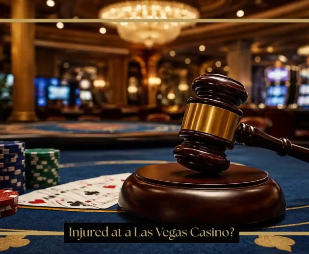 Wooden legal gavel on a casino table with poker chips and playing cards inside a luxury Las Vegas casino, representing casino accident and injury claims.