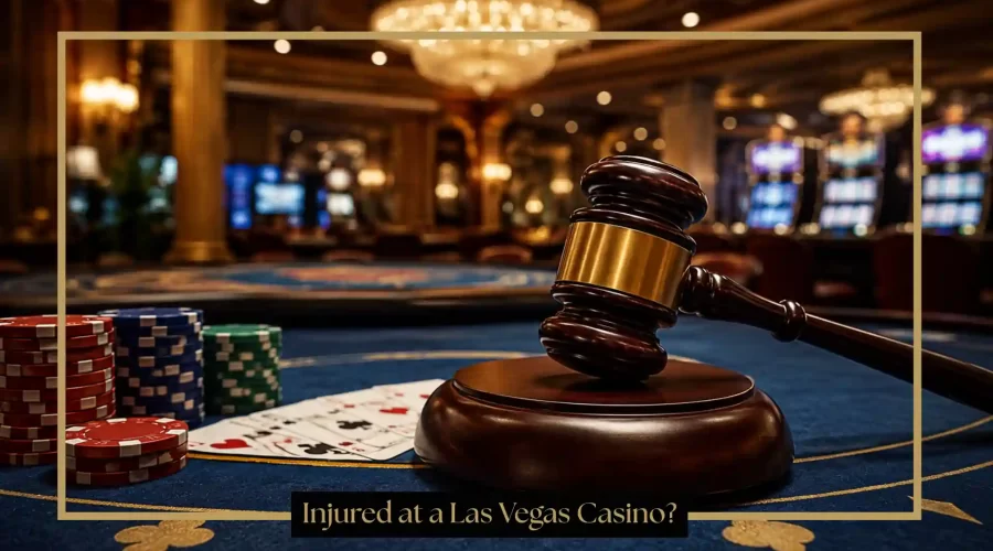 Wooden legal gavel on a casino table with poker chips and playing cards inside a luxury Las Vegas casino, representing casino accident and injury claims.