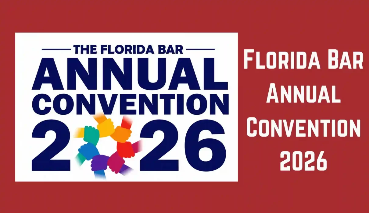 Florida Bar Annual Convention 2026 event graphic featuring the convention logo, large blue typography, and a circular symbol of interconnected colorful hands on a red background.