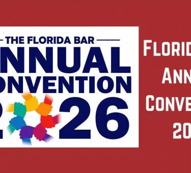 Florida Bar Annual Convention 2026 event graphic featuring the convention logo, large blue typography, and a circular symbol of interconnected colorful hands on a red background.