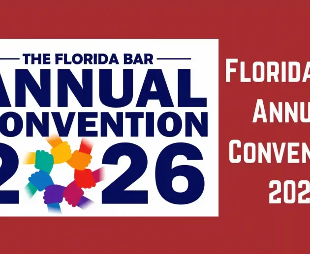 Florida Bar Annual Convention 2026 event graphic featuring the convention logo, large blue typography, and a circular symbol of interconnected colorful hands on a red background.