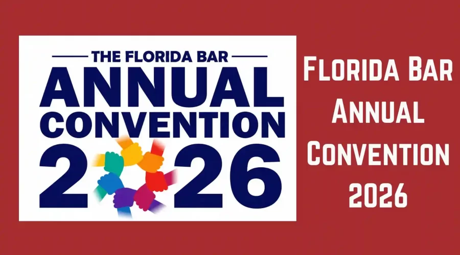 Florida Bar Annual Convention 2026 event graphic featuring the convention logo, large blue typography, and a circular symbol of interconnected colorful hands on a red background.