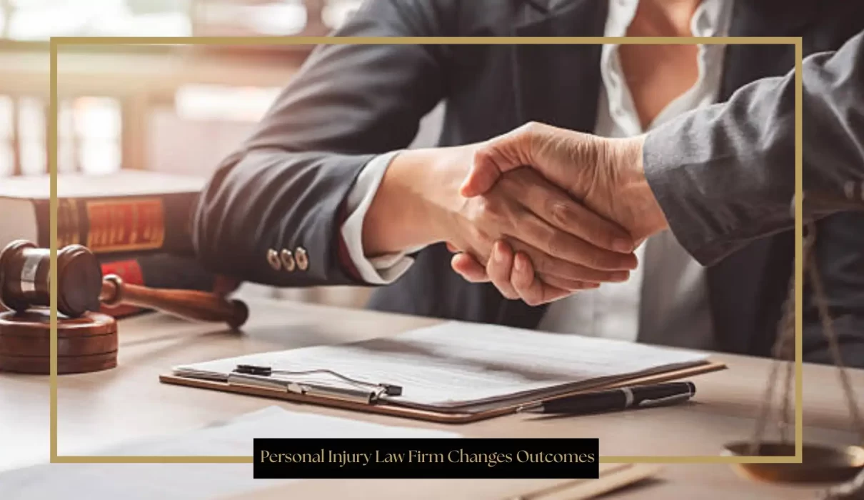Personal injury lawyer and client shaking hands over a signed legal document, with a judge's gavel and law books visible on the desk, symbolizing a successful legal settlement.