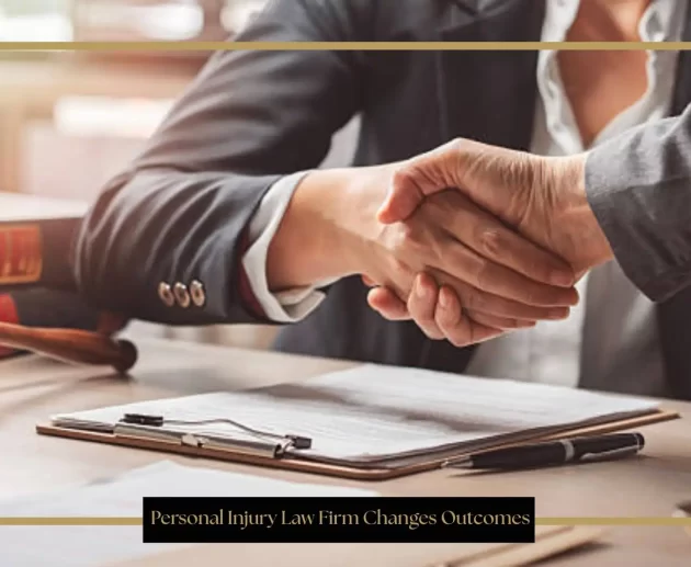 Personal injury lawyer and client shaking hands over a signed legal document, with a judge's gavel and law books visible on the desk, symbolizing a successful legal settlement.