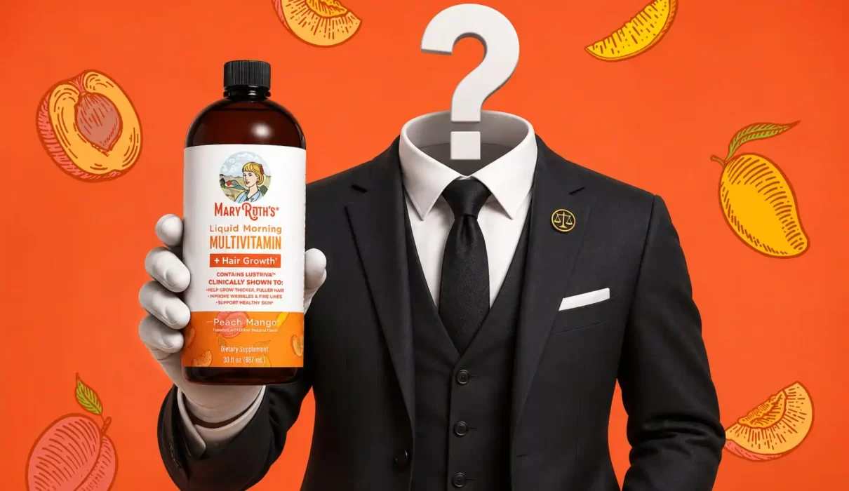 Faceless 3D lawyer in a black suit holding a bottle of MaryRuth's Liquid Morning Multivitamin with a question mark replacing the head on an orange fruit-themed background.