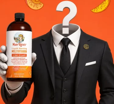 Faceless 3D lawyer in a black suit holding a bottle of MaryRuth's Liquid Morning Multivitamin with a question mark replacing the head on an orange fruit-themed background.