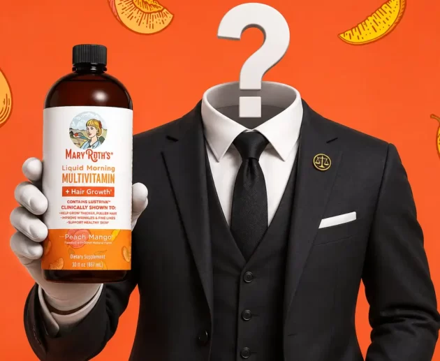 Faceless 3D lawyer in a black suit holding a bottle of MaryRuth's Liquid Morning Multivitamin with a question mark replacing the head on an orange fruit-themed background.