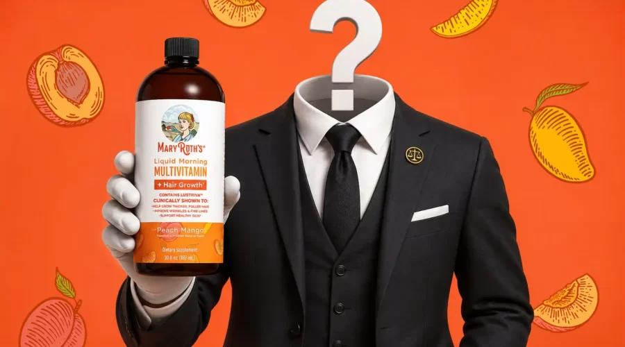 Faceless 3D lawyer in a black suit holding a bottle of MaryRuth's Liquid Morning Multivitamin with a question mark replacing the head on an orange fruit-themed background.